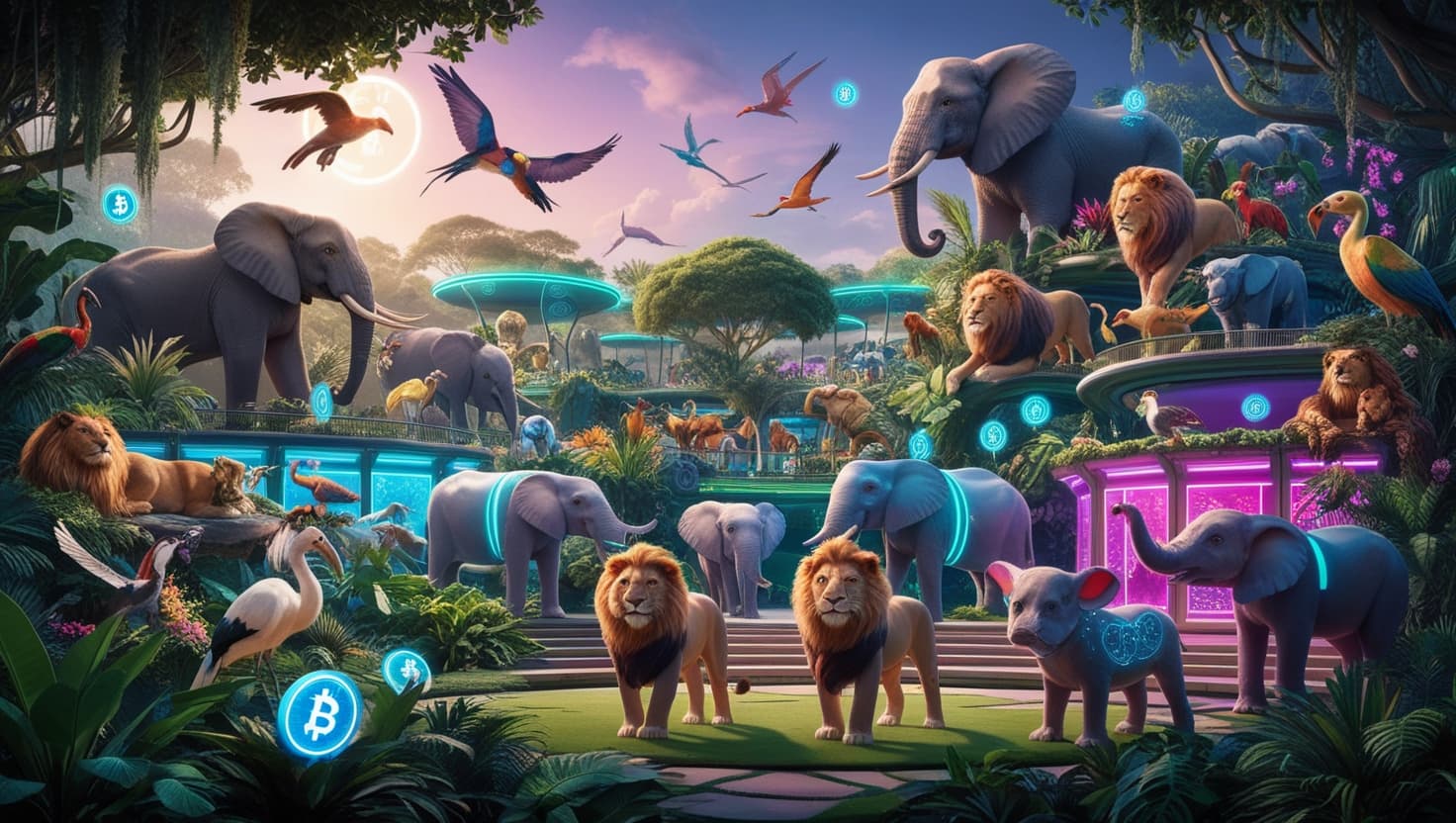 A vibrant, fantastical zoo scene filled with diverse, whimsical animals.